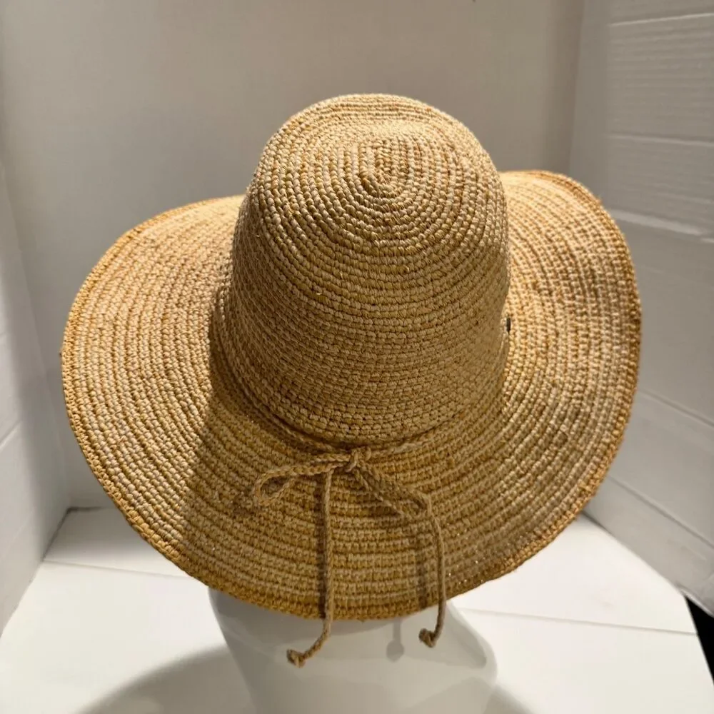 Scala Crocheted Raffia Straw Sun Hat Wide Brim Bow One size